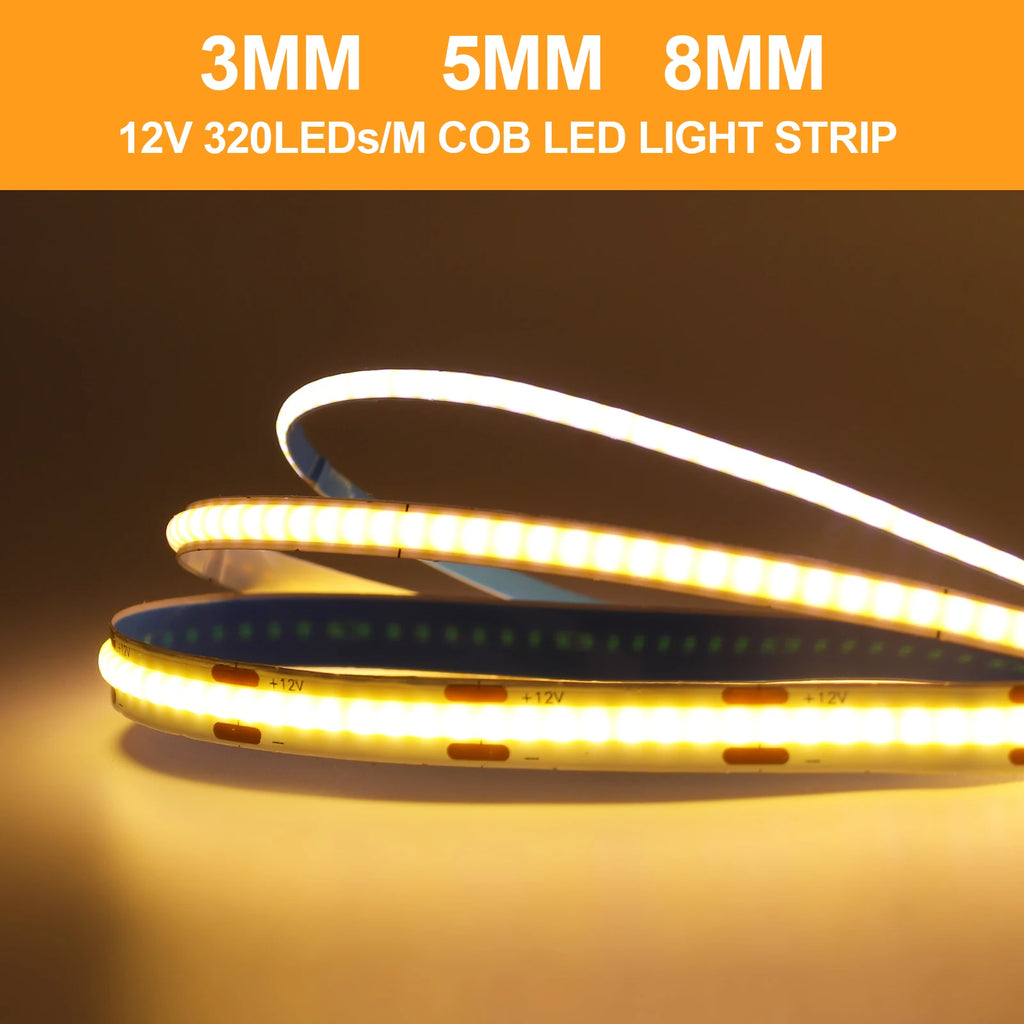 DC 5V/12V/24V COB LED Strip 3MM 5MM 8MM 320Leds/M High Density Flexible COB LED Tape Light For Cabinet Home Linear Lighting