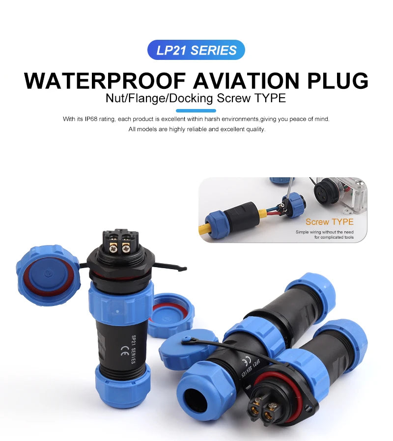 LP/SP21 Nut/Flange/Docking Waterproof Connector Welding Free 2/3/4/5/6/7 Pin IP68 Outdoor Female Plug Male Socket Screw Wiring