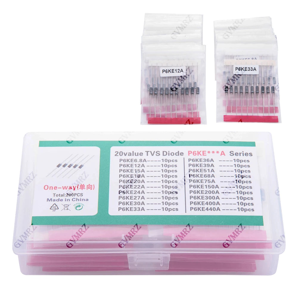 200pcs 20values*10pcs TVS transistor Kit P6KE6.8A/A 22/24/27/30/33/36/39/51/68/75A/A TVS Diode 12/15/18/20A