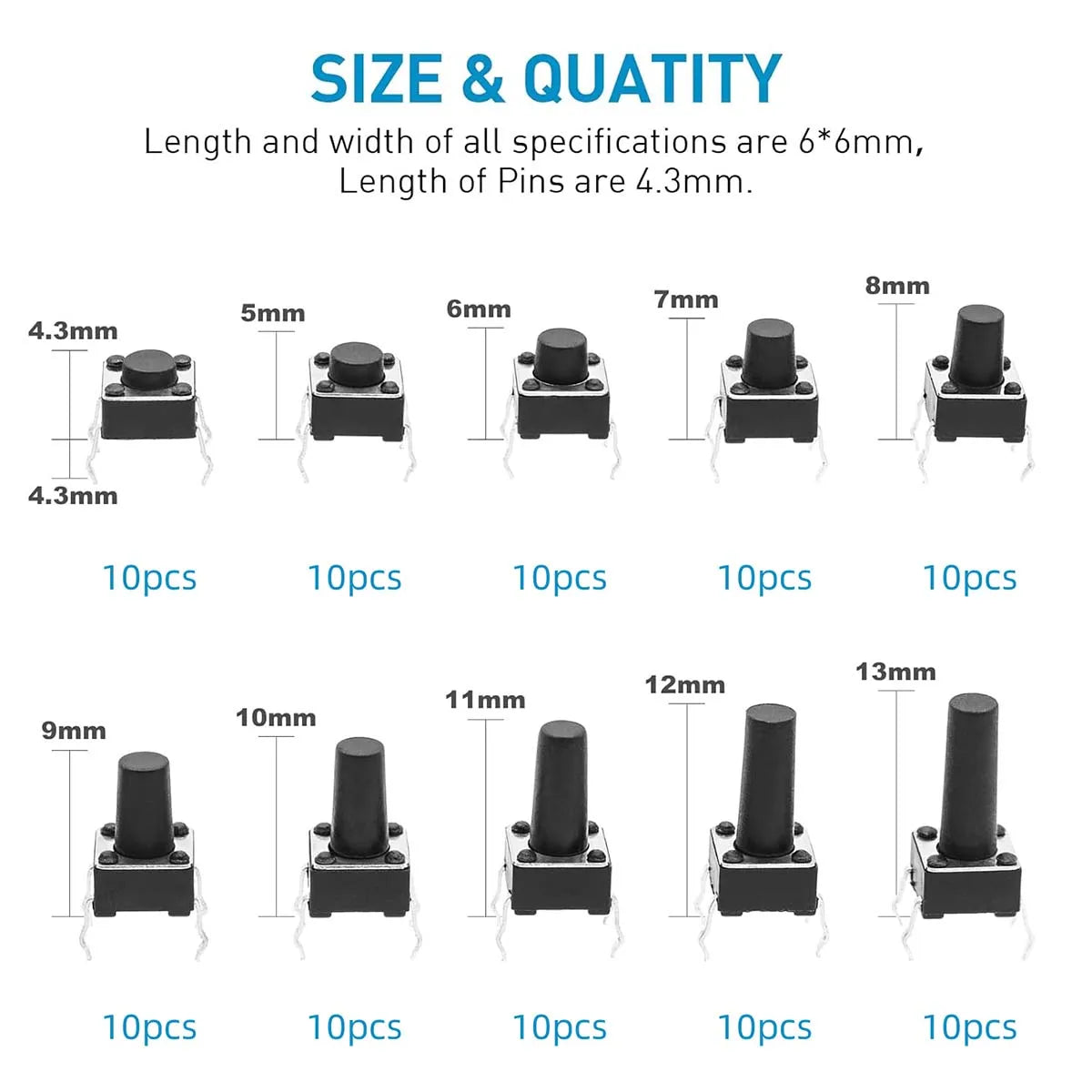 100Pcs 6x6mm Tactile Push Button Switch Assortment Kit, 9 Stem Heights 4Pin Vertical Momentary Micro Switches for Circuit Repair