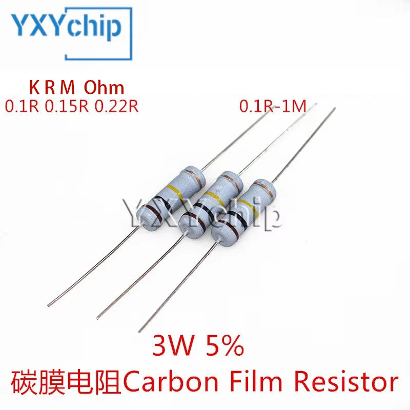 10pcs 3W Carbon Film 0.1 0.12 0.15 0.18 0.22 0.25 0.27 0.33 0.39 Ohm R Metal Oxide Film Resistor 5% 100K 510K 820K 6.8M 0.1R-10M