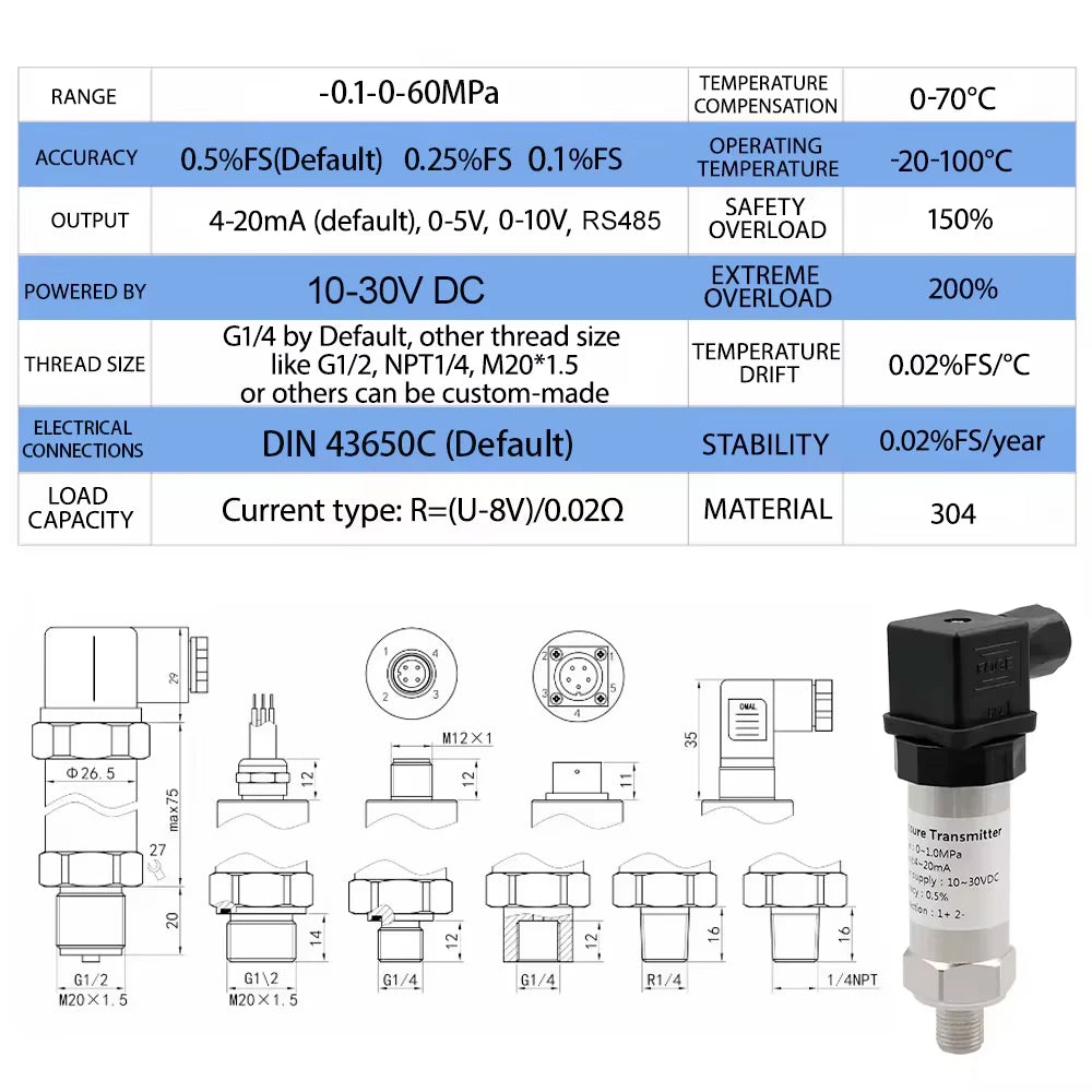 RS485  4-20mA 0-5V 0-10V Output -1-400Bar G1/4 Vacuum Pressure Transmitter Transducer Sensor Controller 0.5% FS High Precision