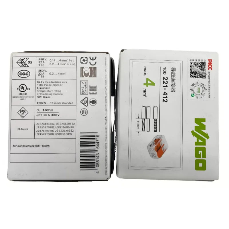 WAGO 221‑412 221‑413 221‑415 221‑612 613 615 221‑2411 2401 Box‑Packed Lever Wire Connector Quick Push‑in Splice Terminal Block