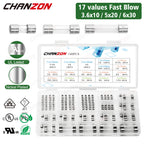 17 Value Glass Fuse Kit 3.6x10 5x20 6x30 Fast Blow Tube 0.5A 1A 2A 2.5A 3A 4A 5A 8A 10A 15A 125V 250V 5x20mm 6x30mm Assortment