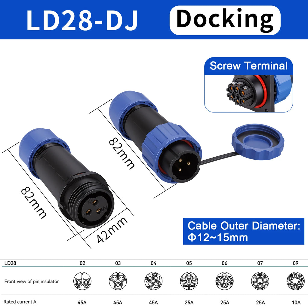 IP68 Waterproof Aviation Connector LD12/16/20/28 Male Plug Female Socket 2 3 4 5 6 7 9 Pin Solder‑free Wire Cable Connector