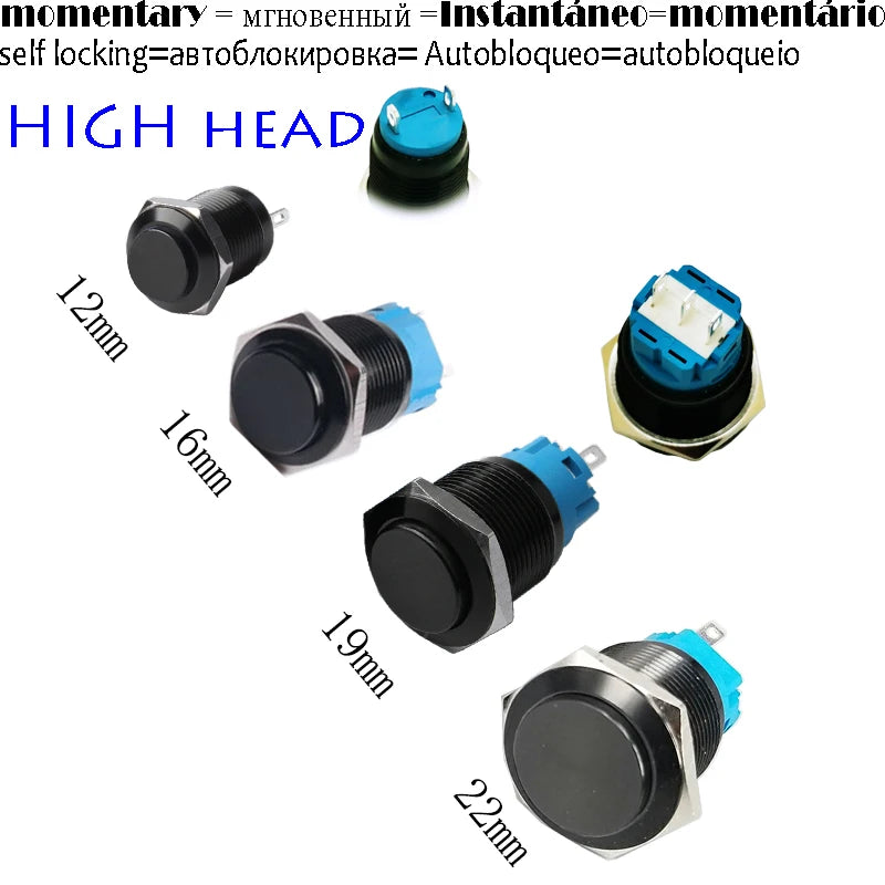 High Head 12/16/19/22mm Black Shell Car Dashboard Waterproof Metal Button Switch LED 12V/24V/220V Self-locking Fixed Momentary