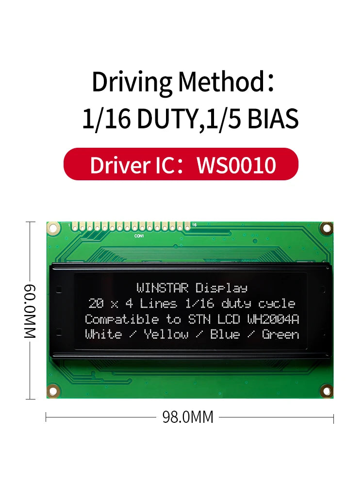 WINSTAR 2004 Character OLED Display WS0010 LCD Module 20x4 Serial Port SPI Black 5V