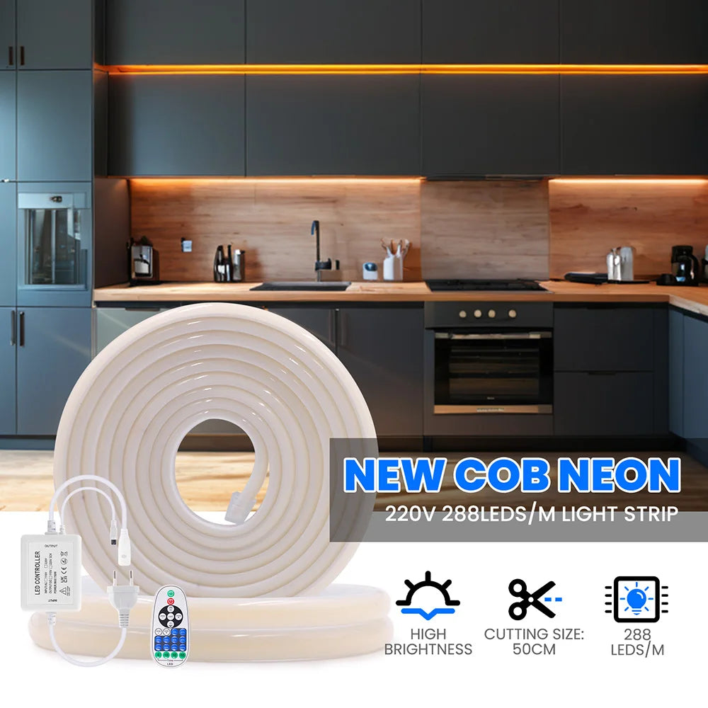 Wall Touch Wifi Bluetooth COB LED Neon Strip Light 220V Dimmable 23key Remote Control Power Kit AC 220V 288LED/m Waterproof Rope