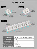 Terminal Block 12-Position Strip 450V/32A PA66 Electrical Equipment Connectors 0.5-4mm² Plastic Flame Retardant Wire Connector