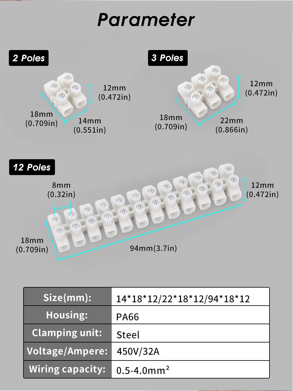 Terminal Block 12-Position Strip 450V/32A PA66 Electrical Equipment Connectors 0.5-4mm² Plastic Flame Retardant Wire Connector
