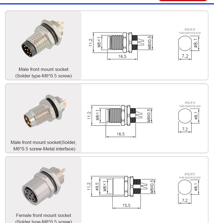 M8 Socket 3 4 5 6 8 Pins Female Male Solder Type Front Back Panel Mount Waterproof Connectors