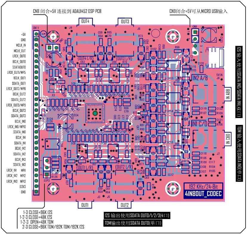 6 Inputs and 8 Outputs Decoding Board Audio and Video Development Board ADAU1452 DSP CS42448 Audio Module 48-192 Sampling Rate W