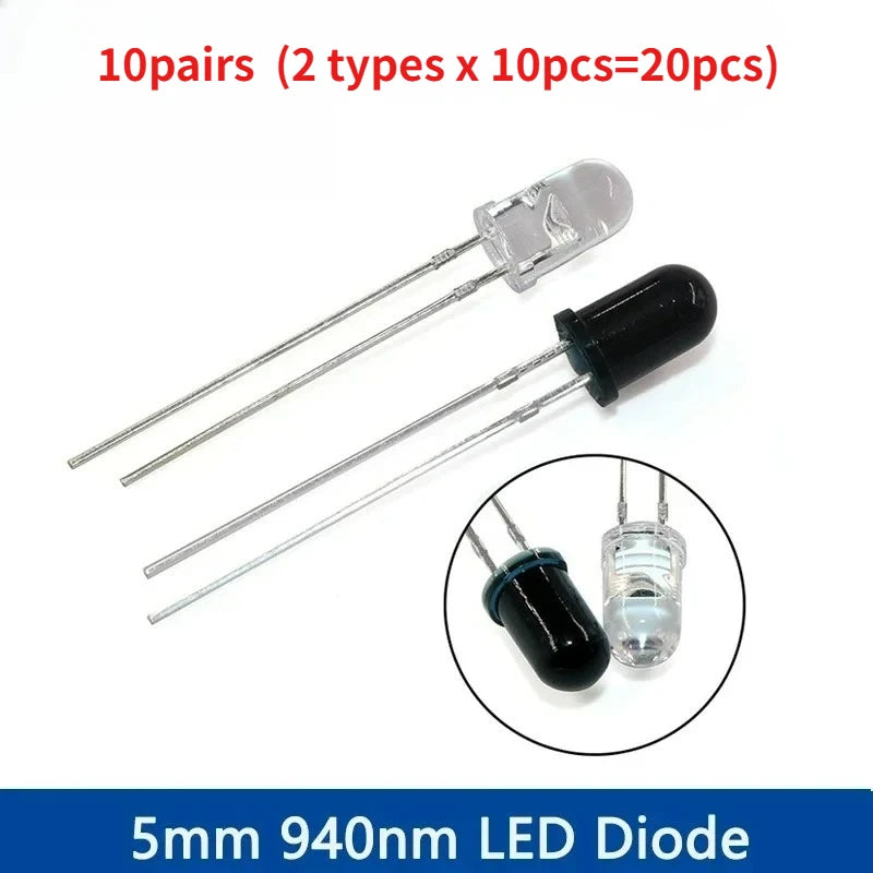 10-30Pairs 5mm 940nm IR LED Diode Kit Infrared Emitter & Receiver Diodes F5 for Remote Control DIY Electronics & Sensor Projects
