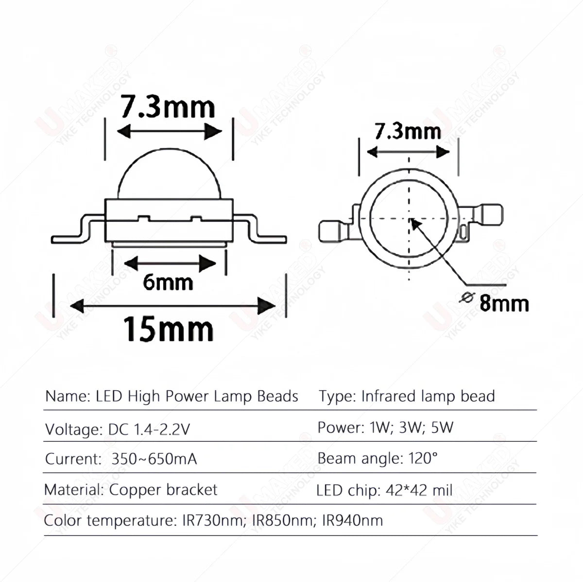 10pcs 3W 5W Chip Bead High-Power IR 730nm 850nm 940nm LED Bead Infrared Diode, LED SMD Chip for Night Camera DIY Bulb Spotlight