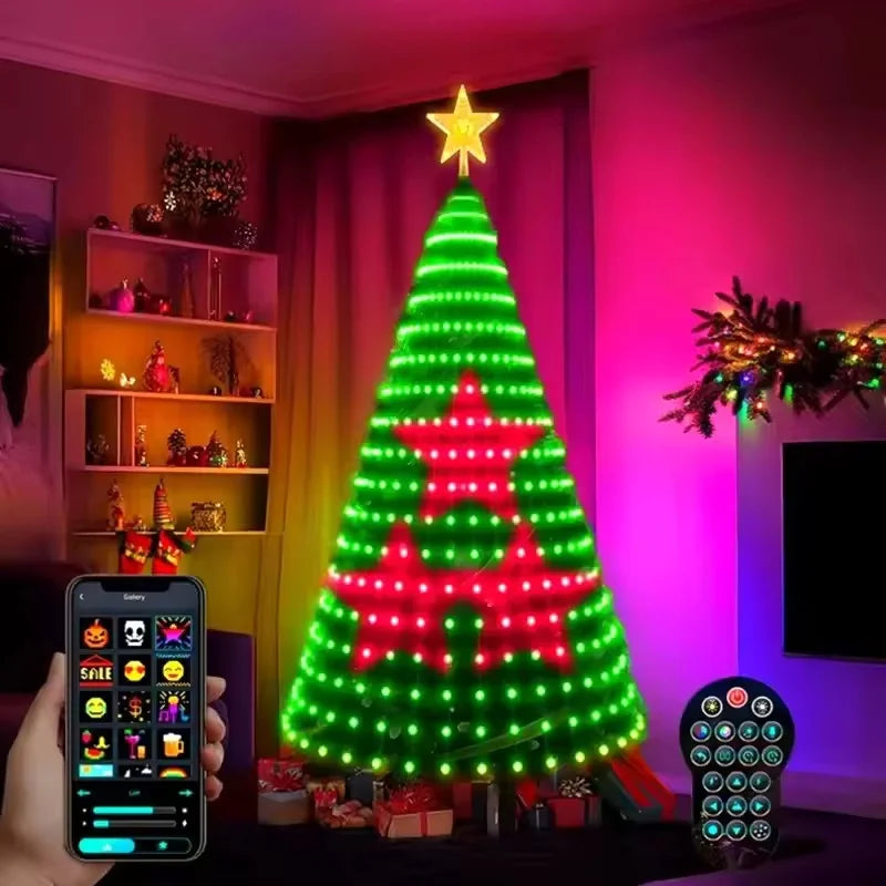 RGB Christmas Tree Waterfall Lights With Star Topper,APP Remote Control LED String Lights Multicolor Fairy Light Indoor Outdoor