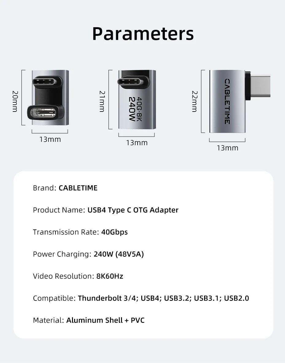 CABLETIME Type C Adapter 240W OTG USB C Adapter 8K 60Hz 40Gbps 90-Degree Converter USB4 Adapter for iPhone Adapter MacBook iPad