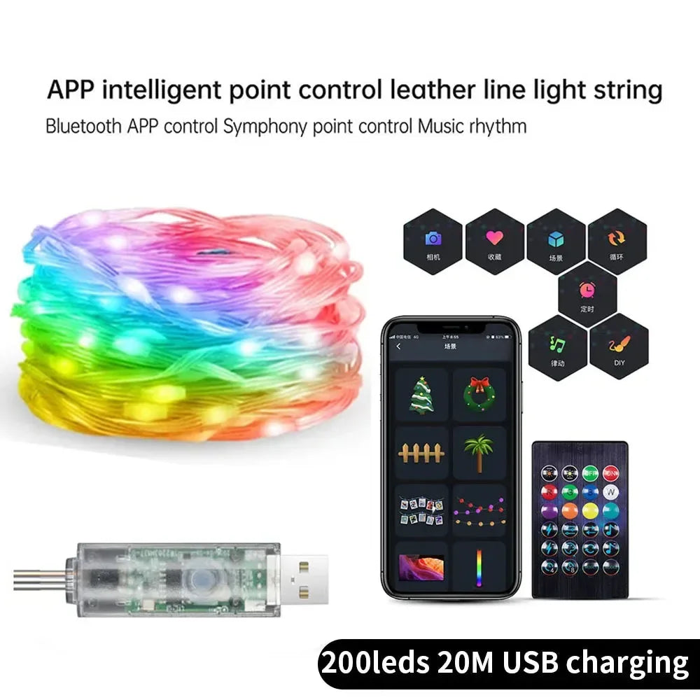 RGB Leather LED Fairy Lights 10M 40M Smart Bluetooth Music Light String IP65 Holiday Garland Decoration