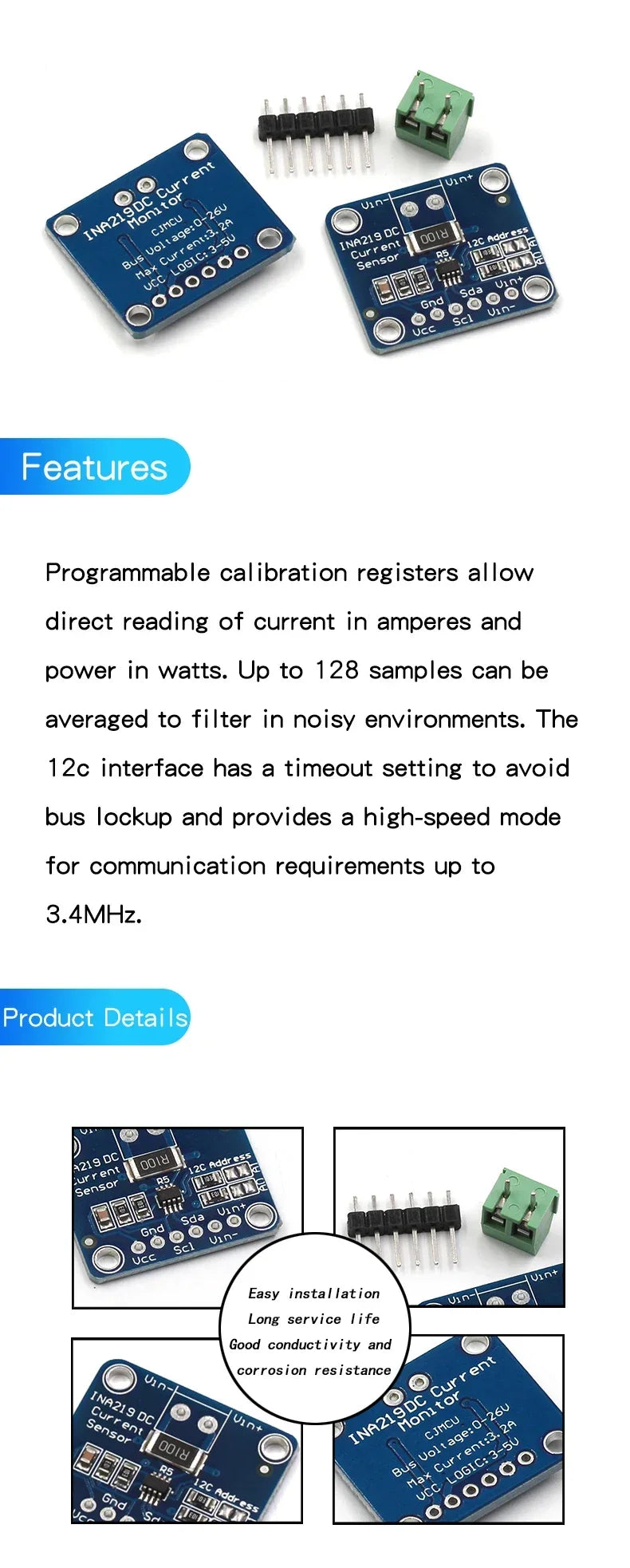 INA219 I2C Interface Zero Drift Bidirectional Current/Power Monitoring Sensor Module