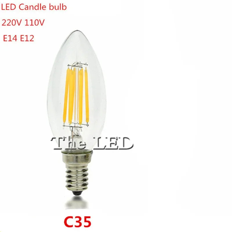 E14 LED Filament C35 Lamp C35L Dimmable Glass Candle Bulb 220V 4W 8W 12W Replace 20W 40W 60W Halogen Light Chandeliers