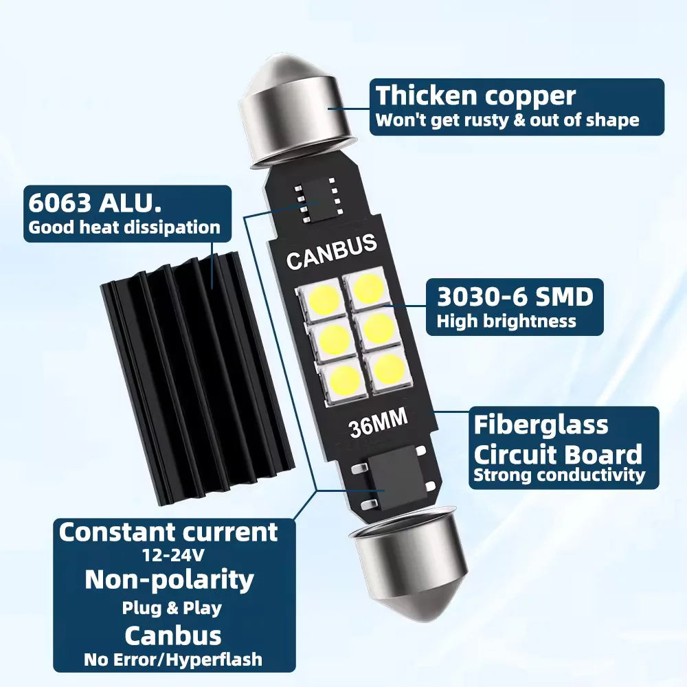 2/4/10/20 PCS C5W LED Bulb Canbus Festoon 31/36/39/41MM 12V 3030-6SMD 6500K White Car Interior Dome Reading License Plate Lights