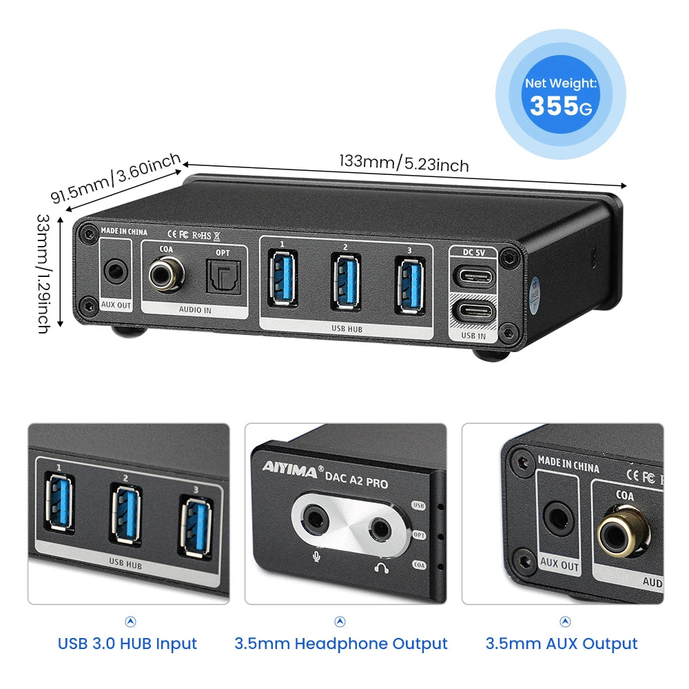 AIYIMA Audio DAC-A2 PRO USB Gaming DAC Headphone Amplifier Hub USB Mini Decoder for PS5 Desktop Gaming Headset Active Speakers