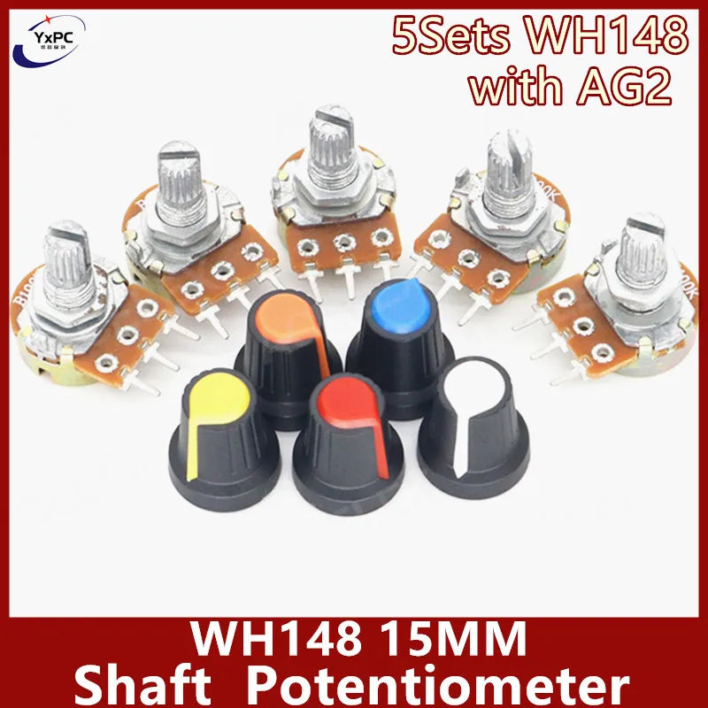 5Sets WH148 1K 10K 20K 50K 100K 500K Ohm 15mm 3 Pin Linear Taper Rotary Potentiometer Resistor for Arduino with AG2 White Cap