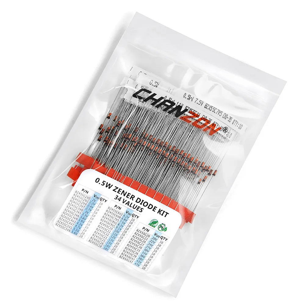 34 Values 0.5W Zener Diode Assorted Kit 2V 3V 3.3V 3.6V 5.1V 5.6V 7.5V 10V 12V 13V 15V 16V 18V 20V 22V 24V 30V 36V 39V 43V 47V
