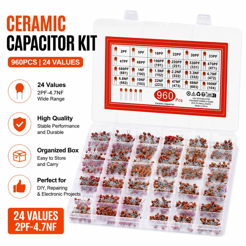300/960pcs 50V Ceramic Capacitors Kit 2pF-0.1uF 30pF 100pF 1nF Electronic Components Package Capacitor Assorted Samples Diy Kit