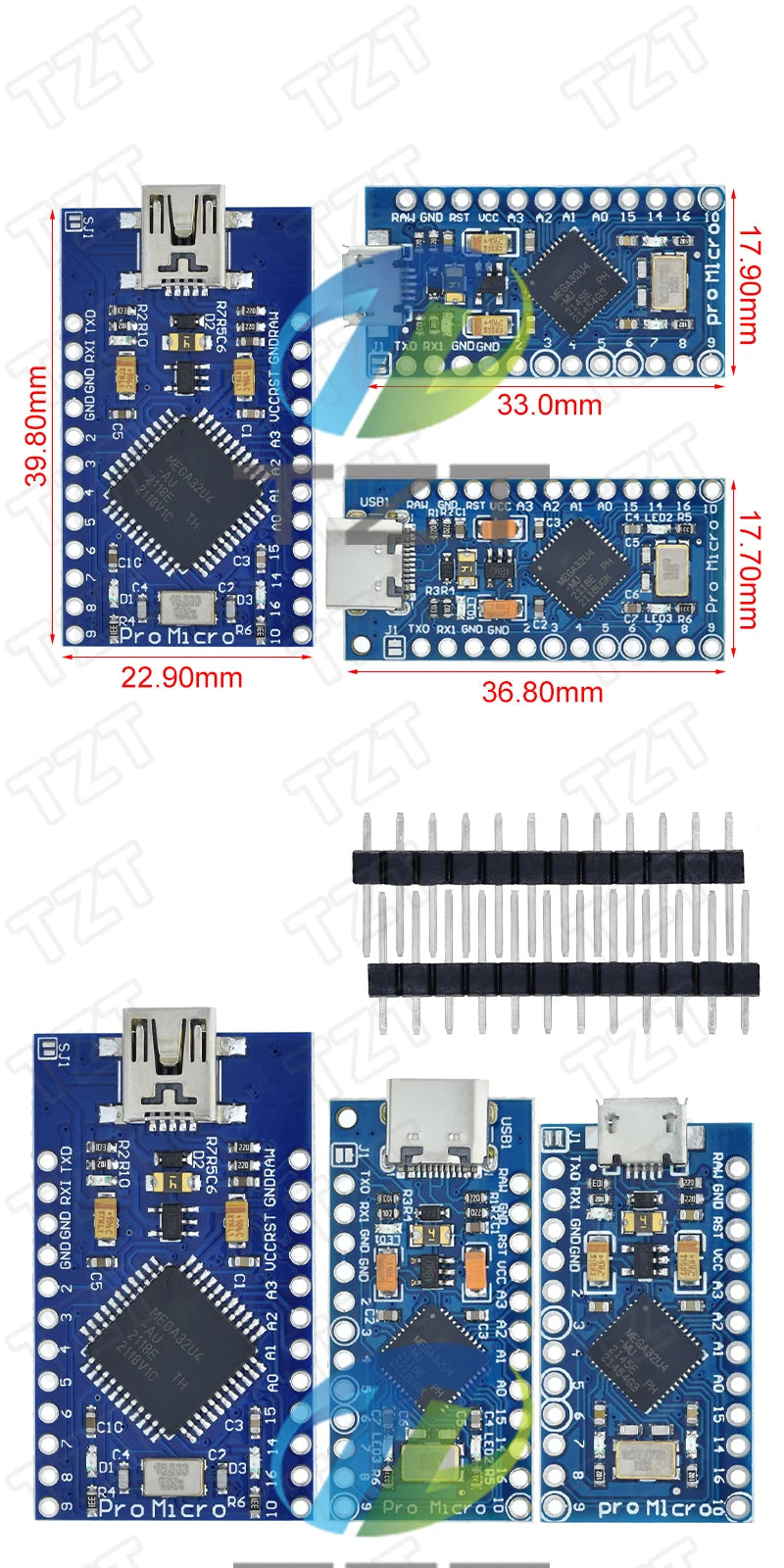 TZT Pro Micro ATmega32U4 5V 16MHz Original Chip Replace ATmega328 For Arduino Pro Mini With 2 Row Pin Header For Leonardo UNOR3