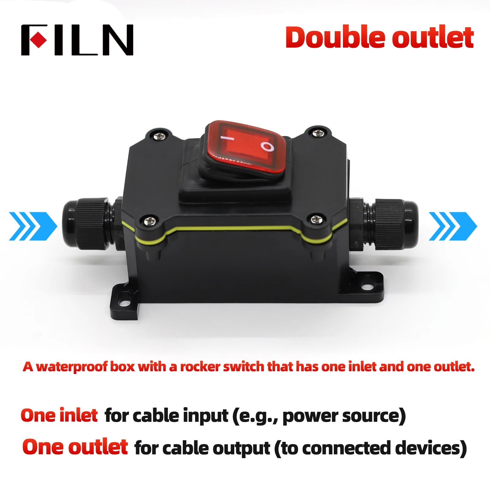 FILN 30A 12V 24V 220V Waterproof Inline Toggle Switch with LED IP65 Sealed Outdoor Box Inline Cord Rocker Switch Power