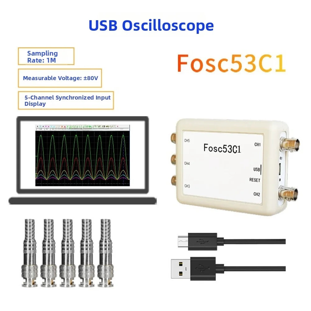 Fosc53C1 5 Channel USB Oscilloscope with 1MHz Sampling Rate 8.3 Million Sample Depth BNC Interface for Probing