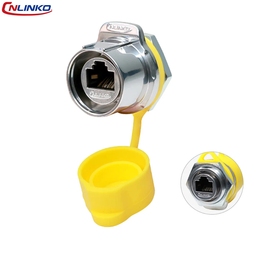 CNLINKO M24 Waterproof IP68 RJ45 Female Panel Mount Connector Cat6 8P8C Zinc Alloy with Protective Cap for Industrial Ethernet