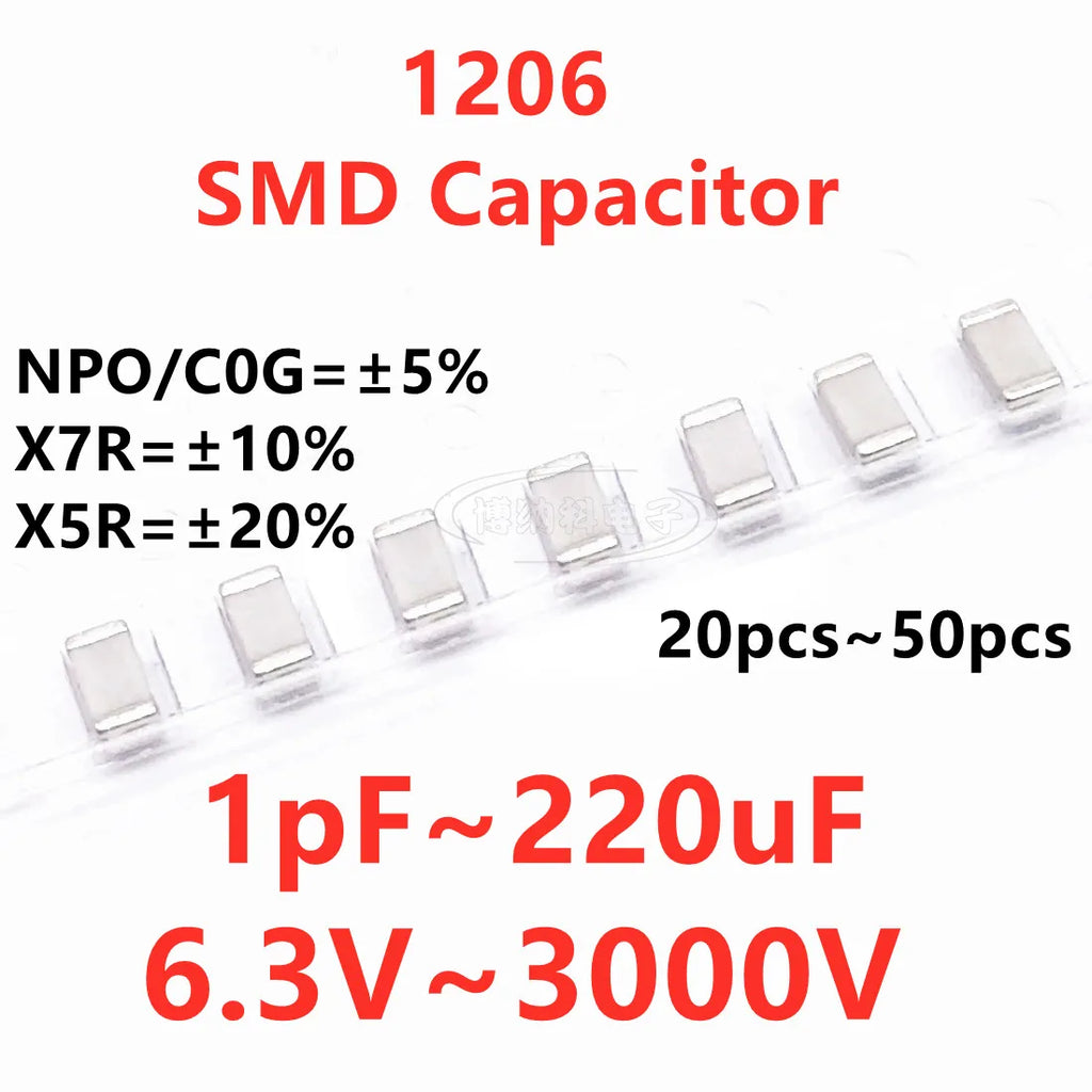 1206 SMD Capacitor 1PF2.2PF3.3PF4.7PF6.8PF10PF220PF330PF470PF680PF1NF22NF47NF10NF100NF0.1UF1UF2.2UF4.7UF10UF22UF47UF100UF220UF