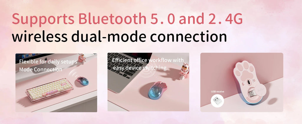 SayRose MO‑76 Cute Cat Paw Wireless Mouse 2.4G Bluetooth 5.0 Dual Mode 4‑Level DPI 800‑3200 Rechargeable Type‑C Mice for Laptop PC Mac Office Girl Gift
