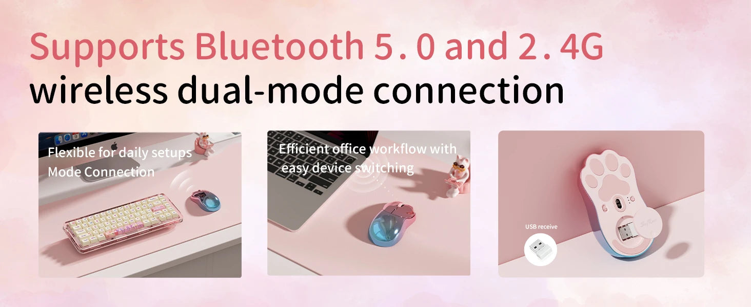 SayRose MO‑76 Cute Cat Paw Wireless Mouse 2.4G Bluetooth 5.0 Dual Mode 4‑Level DPI 800‑3200 Rechargeable Type‑C Mice for Laptop PC Mac Office Girl Gift