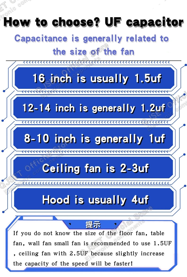 1pcs CBB61 Fan Starting Capacitor 450V 0.8/1/1.2/1.5/2/2.5/3/3.5/4/4.5/5/6/7/8/10/12/15/18/20UF Ceiling Fan Hood Motor Capacitor