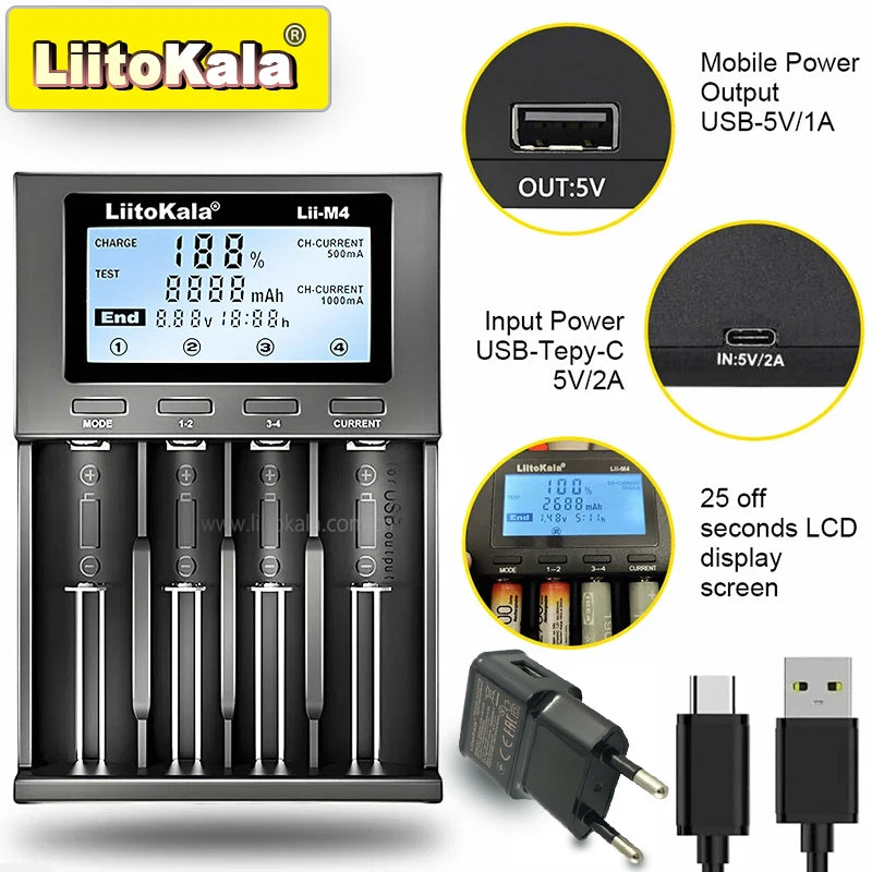 LiitoKala for 18650/26650/AA/AAA Li-ion/Ni-MH LCD Display Safe Fast Charging Lii-M4/M4S 4-Slot Smart Charger