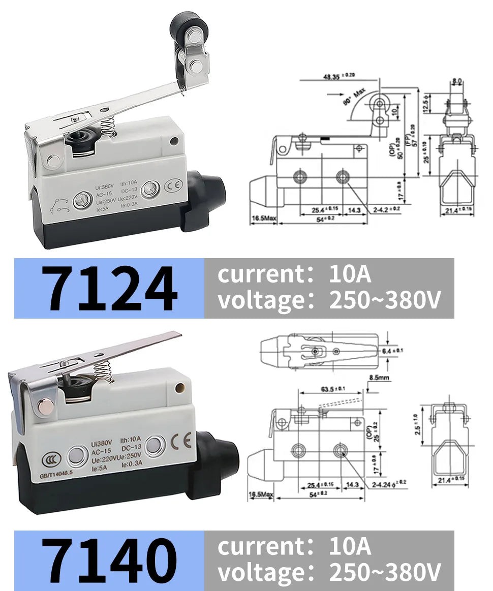 10Pcs Horizontal Limit Switch Long Hinge Roller Lever Momentary SPDT 1NO 1NC 380V 10A Industrial Travel Position Switch IP54