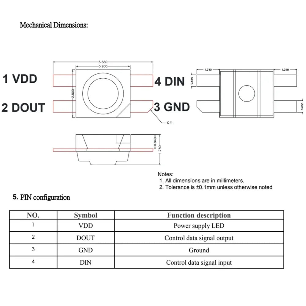 SK6812 MINI-E RGB (Similar to WS2812B)3228SMD Pixel LED Chip Reverse Mount Individually Addressable IC Full Color DC5V