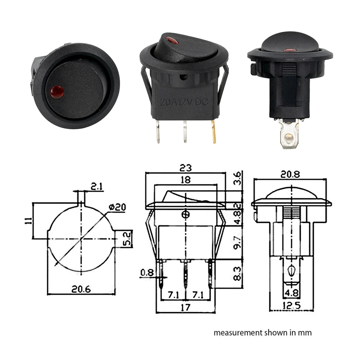 5Pcs/Set Rocker Switch Toggle DC 12V 20A Red LED Light Car Auto Boat Dash Round ON/OFF SPST Button Luminescence Car Accessories