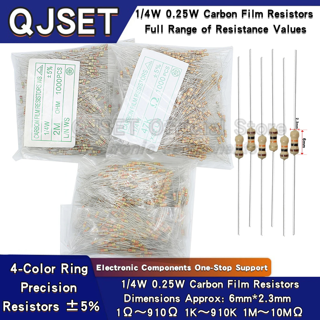 1000pcs 1/4W Carbon Film Resistors ±5% 4Color Ring Resistor Components 0.25W 1kR 4.7K 10K 22K 47K 100K 470K Ohm 1 10 100 220 Ohm
