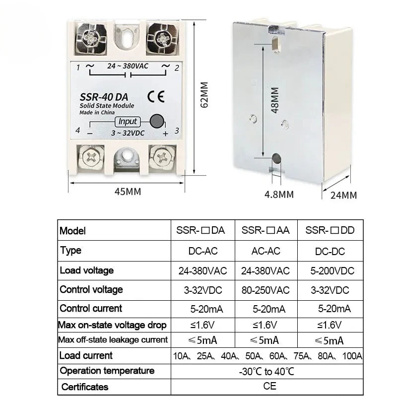 1pcs Solid State Relay Single Phase Non-contact SSR DC To DC AC To AC DC To AC 24-380VAC 10A 25A 40A 50A 60A 80A 100A