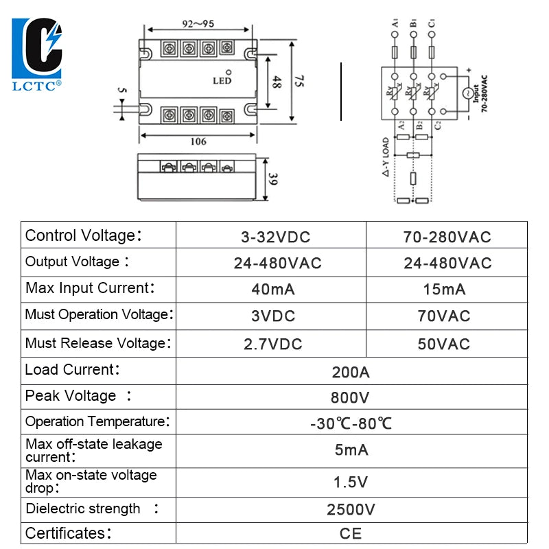 LCTC 3-Phase  SSR10A 25A 40A 60A 80A 100A 120A DC to AC AC to AC DC to DC Solid State Relay Zero-crossing Relay 3-32VDC
