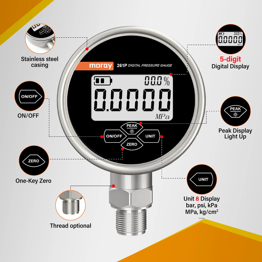 Moray ME261P Air/Water/Oil Digital Pressure Gauge 0.5%FS Stainless Steel Material IP54 Five-Digit Display