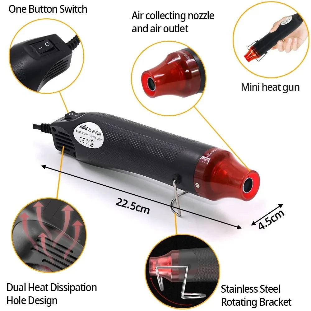 300W Electrical Mini Heat Gun Handheld Hot Air Gun 220V EU Plug with Heat Shrink Tubing Kit 2:1 Wire Cable Insulation Sleeving