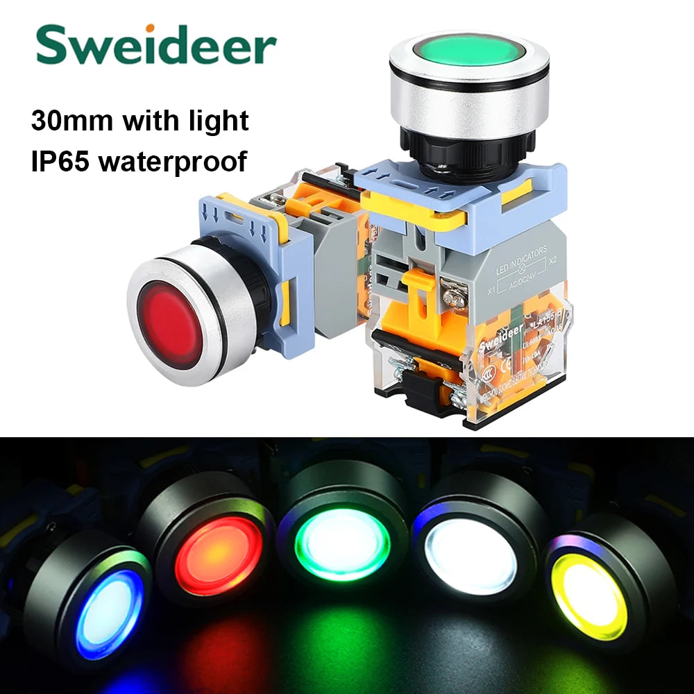Flat Button Switch Waterproof 30mm Self Reset Locking Momentary Latching Red Green Yellow White Blue Switch Light 6V12V24V220V
