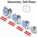 12/16/19/22mm Metal Push Button Switch Short Stroke Silver Shell Waterproof High Head With Power LED Light Momentary 1NO 6V 24V