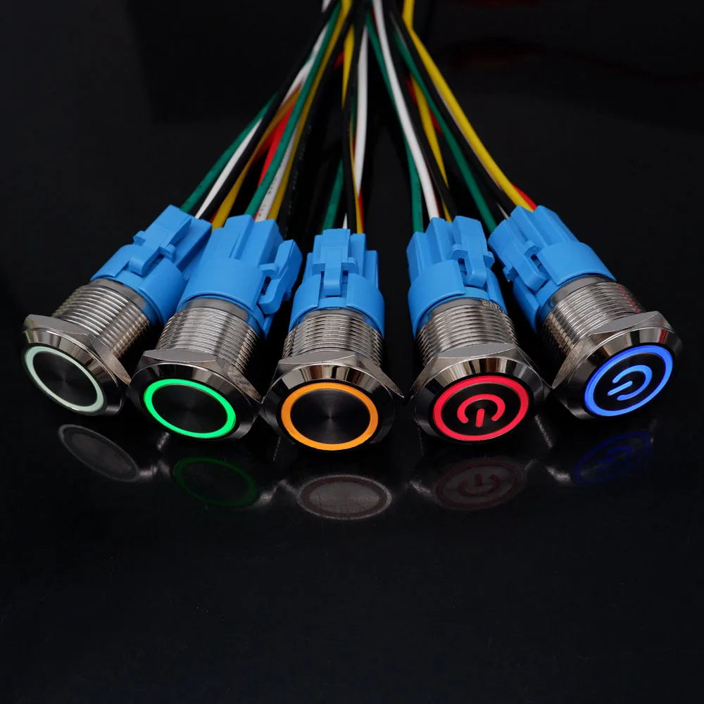 40pcs 16mm 19mm Metal Button Switch PC Power LED Light Waterproof Car Start On Off Momentary Latching 3V 5V 6V 12V 24V 220V Red