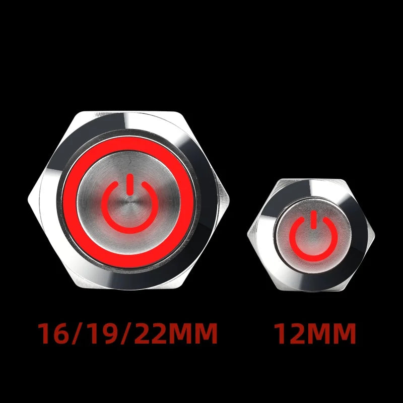 12 16 19 22MM Metal Button Switch LED Light Waterproof Momentary  Self-Locking Car Engine Power Supply 5V 6V12V24V 220V Red Blue