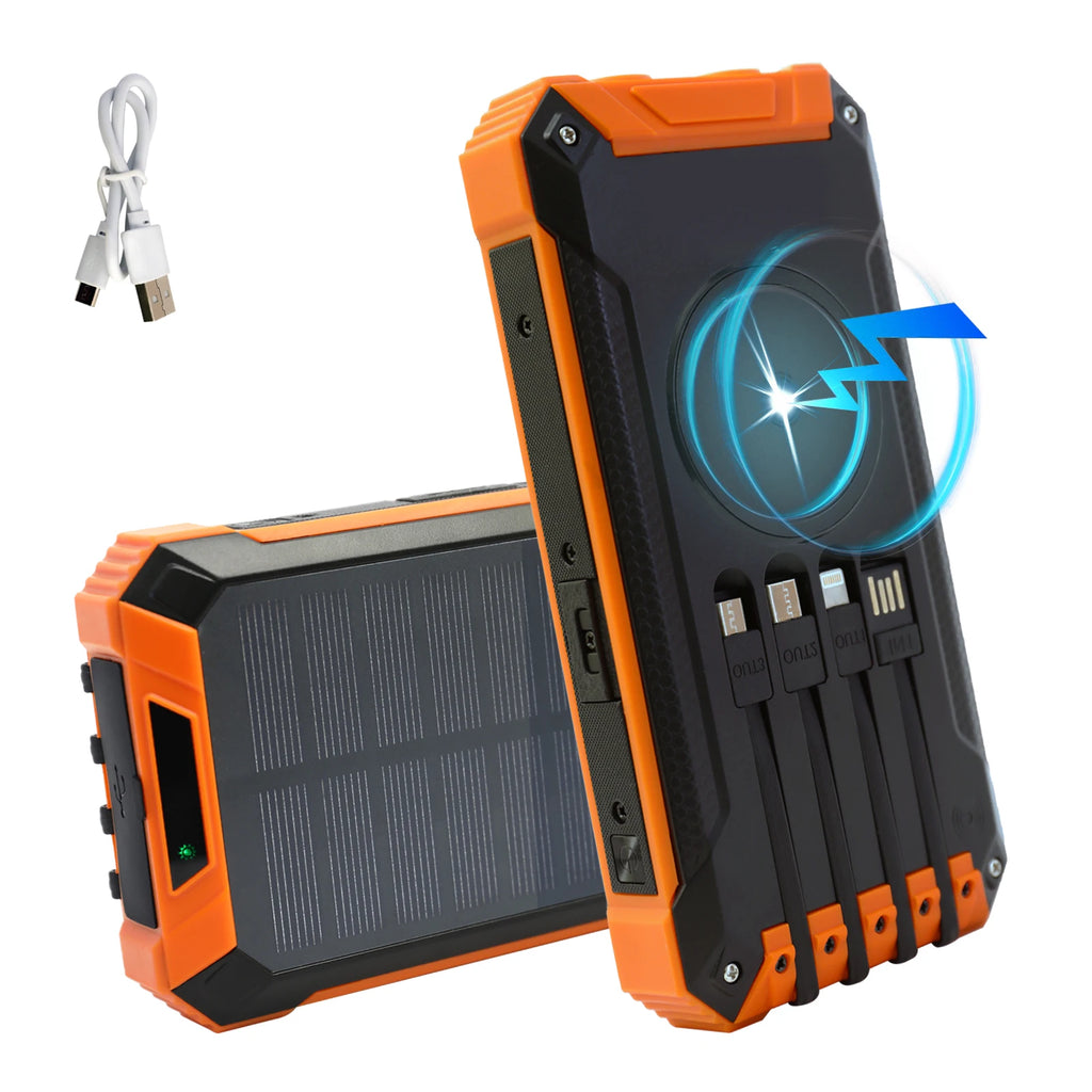 36000mAh Solar Power Bank 18W Wireless Charge With 4 Charging Heads LED Lamp Flashlight for Outdoor Battery Portable